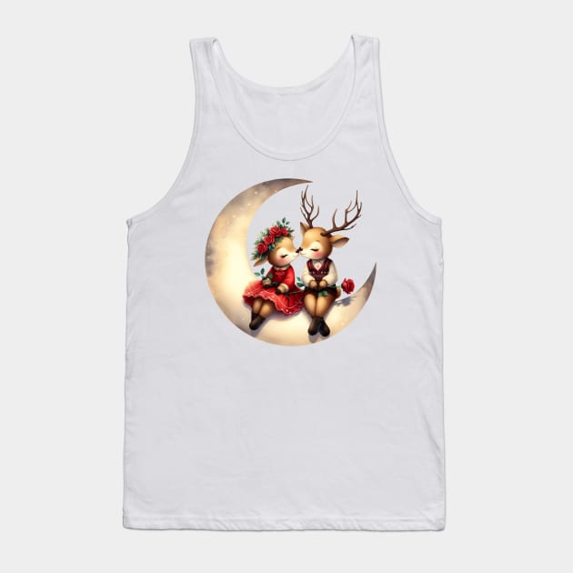 Valentine Deer Couple on Moon Tank Top by Chromatic Fusion Studio